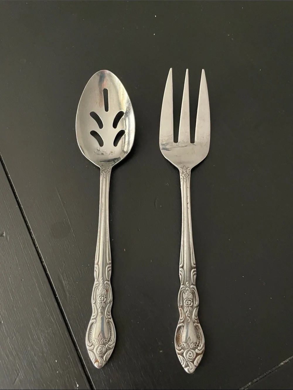 Vintage Set of 2 LUSTREWARE Rose Pattern Serving Fork & Slotted Spoon Set